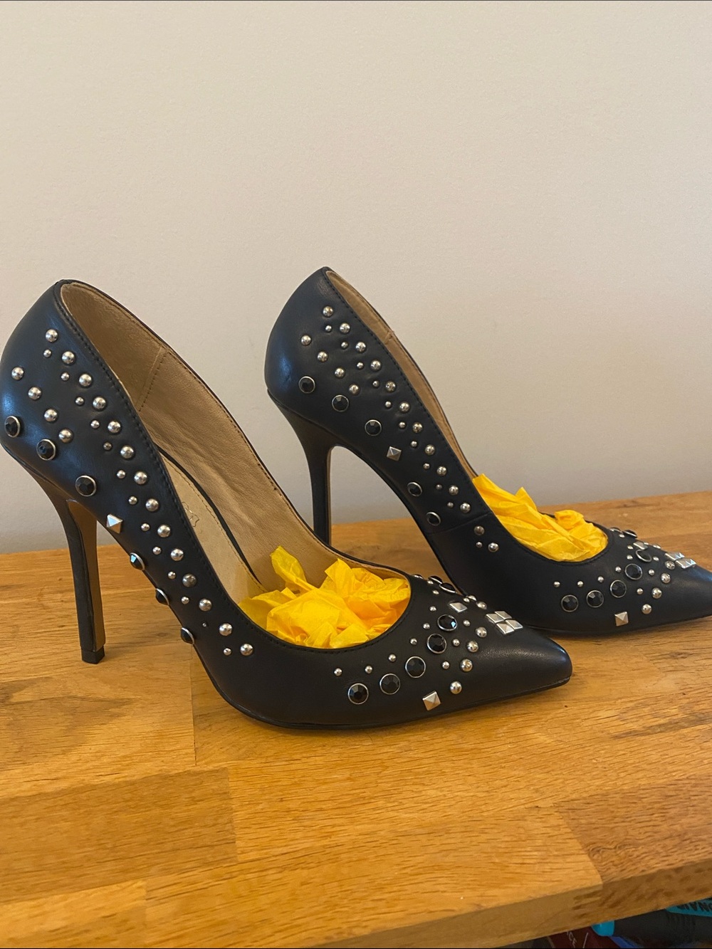 Aldo Studded Black Leather Pointed-Toe High Heels